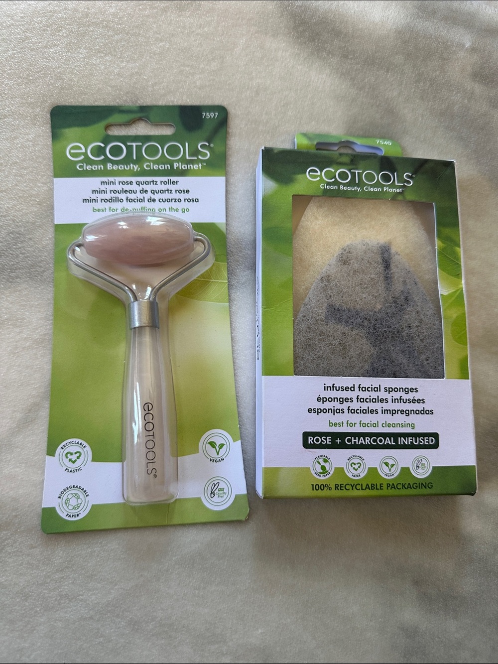 ecotools bundle Rose Quartz Facial Roller with Rose +Charcoal Infused Sponges